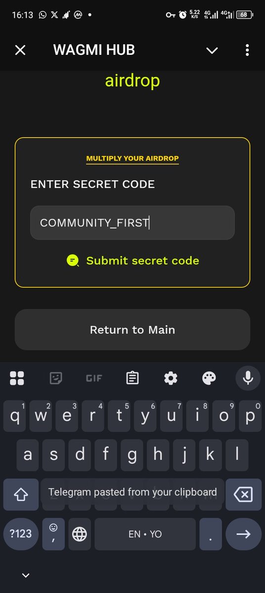 Do this ASAP, you have less than 5 hours 

Go to airdrop page and submit secret code 

👉👉COMMUNITY_FIRST👈👈

Then generate tweet and submit tweet link

<a href="/WagmiHub/">WAGMI HUB</a>  $INFOFI #WAGMI #WAGMIHUB