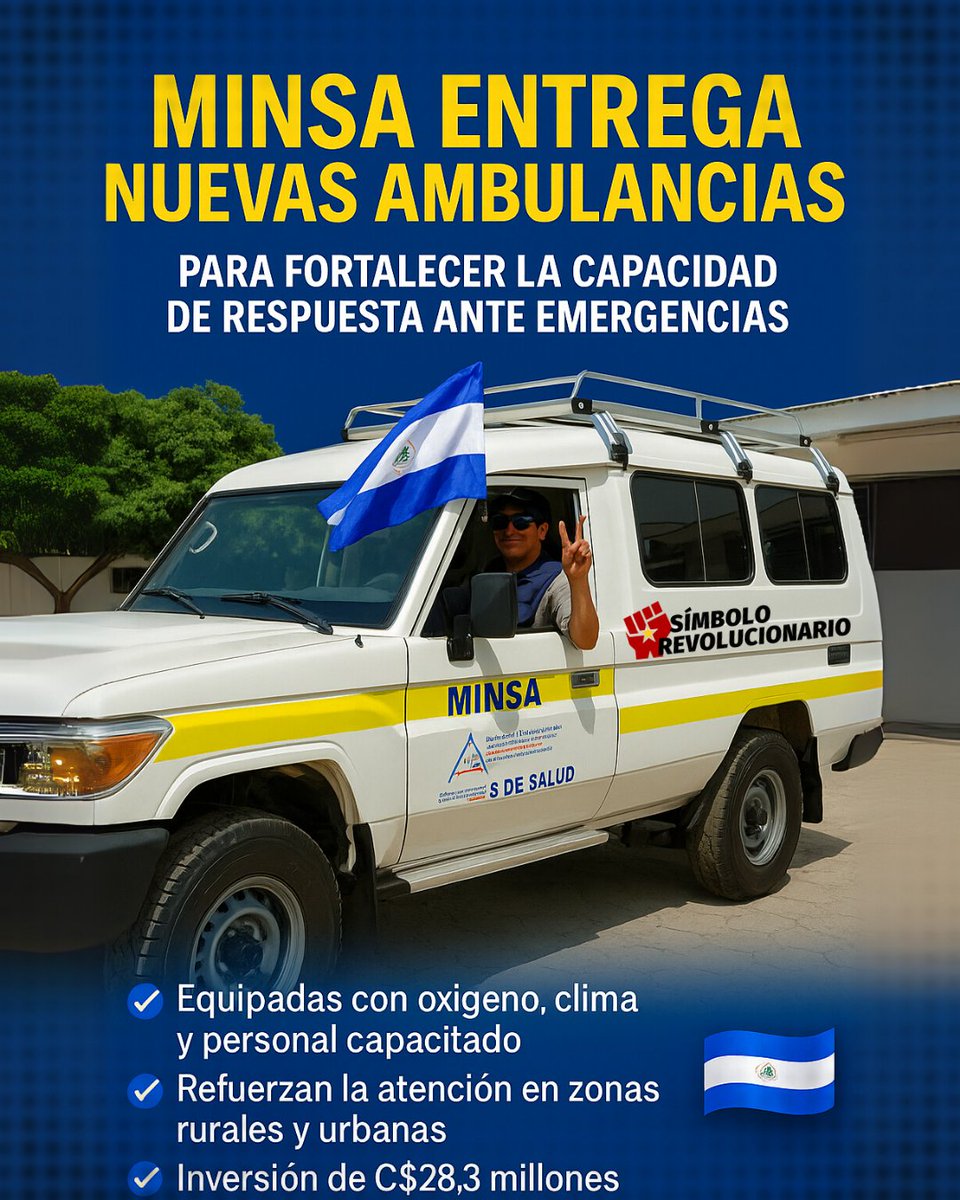 El <a href="/MinsaNicaragua/">Ministerio de Salud Nicaragua</a> entregó 10 nuevas ambulancias 🚑 a El Crucero, Villa El Carmen y San Rafael del Sur.

Equipadas y listas para emergencias, refuerzan la atención médica en zonas rurales y urbanas. ¡Más seguridad y rapidez para nuestra gente! 🇳🇮🩺

#4619SiempreMásAllá ✊