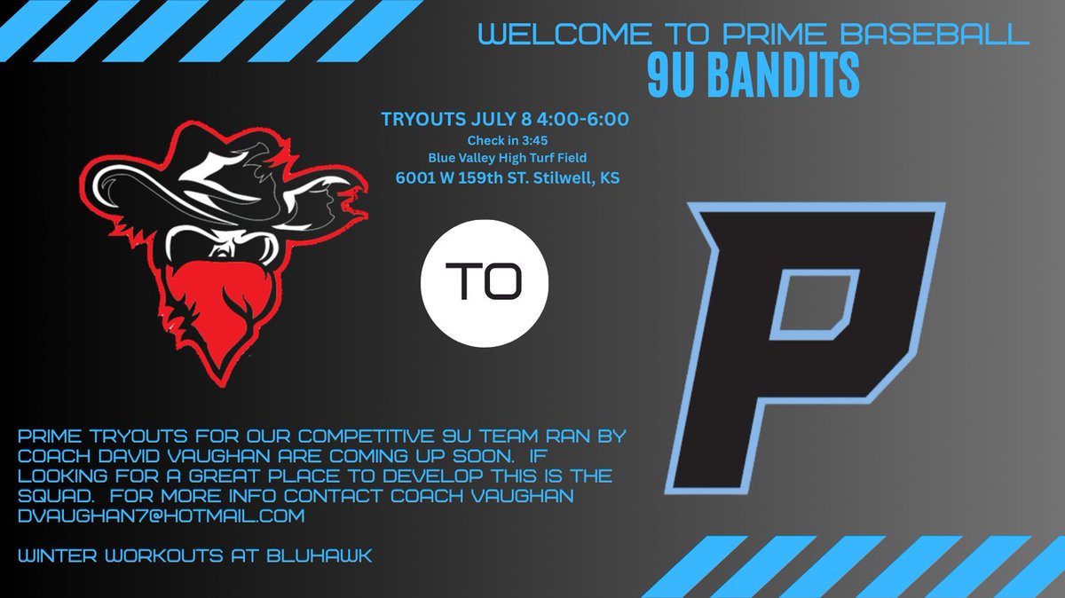 Excited to announce that current 8u Bandits (Vaughan) will be joining Prime this Fall.  This is a highly competitive group that is all about development if looking for a 9U team we will be hosting tryouts July 8.  Use link below to sign up.
forms.gle/68ti57cH1H9NYC…