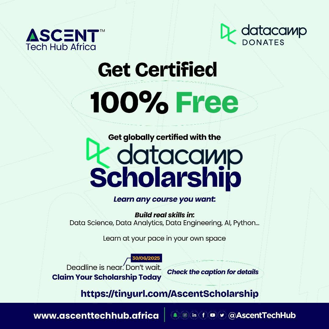 Adel_Designs's tweet image. Just unlocked a major move in my tech journey by registering for the Ascent Tech Hub Africa × DataCamp Scholarship
Big thanks to @AscentTechHub and @DataCamp for this game-changing opportunity.  
If you’re into tech too, jump on it!  
#DataCampDonates #10MMinusOne #AscentTechHub