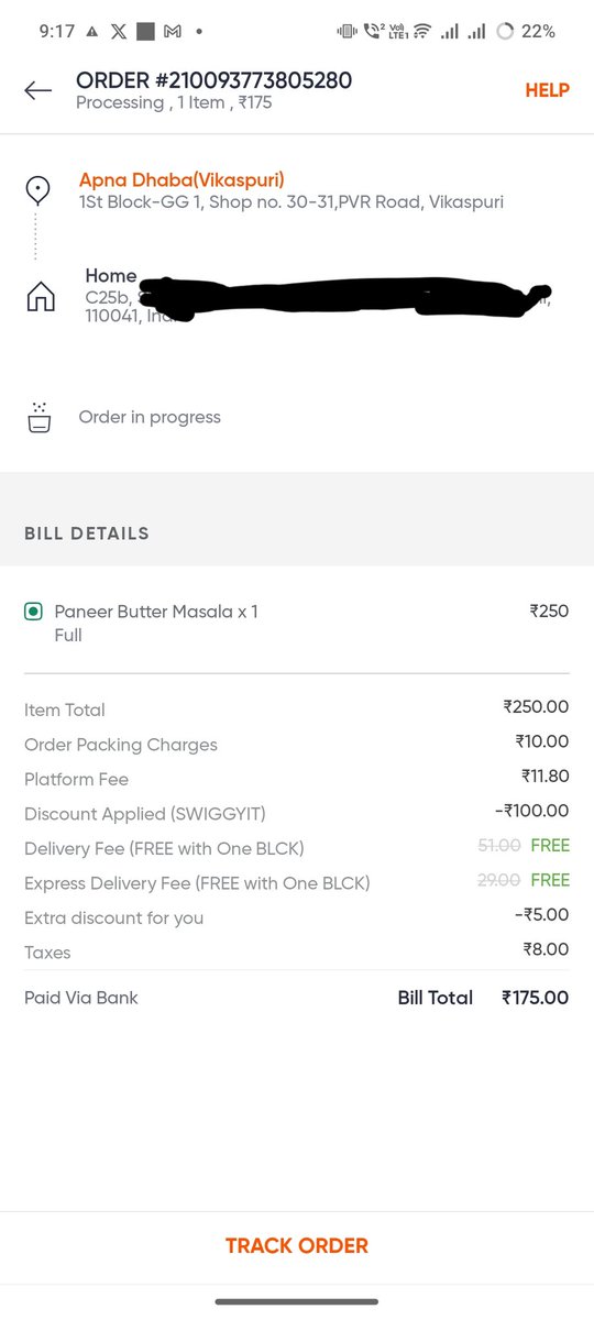sharmaji96's tweet photo. @SwiggyCares @Swiggy @harshamjty I ordered the same dish from the same restaurant from two different accounts, 1 from One Blck and other from One Lite, as you can see in the screenshots below, the one placed 8 minutes later from one lite is getting delivered before one Blck order https://t.co/aFt75A1PDW