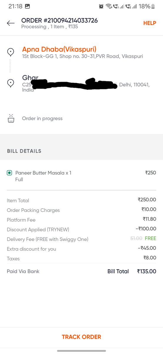 sharmaji96's tweet photo. @SwiggyCares @Swiggy @harshamjty I ordered the same dish from the same restaurant from two different accounts, 1 from One Blck and other from One Lite, as you can see in the screenshots below, the one placed 8 minutes later from one lite is getting delivered before one Blck order https://t.co/aFt75A1PDW