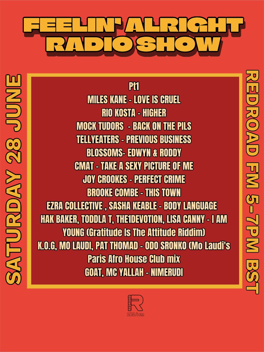 FeelinAlright (@feelinpromo) on Twitter photo On today’s #feelinalrightradioshow on <a href="/RedroadFM/">Redroad FM</a> 5-7pm BST Pt1
<a href="/MilesKaneMusic/">Miles Kane</a> RIO KOSTA <a href="/mocktudors/">Mocktudors</a> tellyeaters <a href="/BlossomsBand/">BLOSSOMS</a> <a href="/cmatbaby/">cmat</a>
<a href="/joycrookes/">Joy Crookes</a> <a href="/brookecombe/">Brooke Combe</a>
<a href="/EzraCollective/">Ezra Collective</a> <a href="/HakBaker/">Hak Baker</a> <a href="/TODDLAT/">toddlat</a>
<a href="/The1Devotion/">The1Devotion</a> <a href="/LisaCanny/">Lisa Canny</a>
<a href="/KogZongo/">KOGZongo</a> <a href="/MoLaudi/">MO LAUDI</a> Pat Thomas GOAT #glastospecial On today’s #feelinalrightradioshow on <a href="/RedroadFM/">Redroad FM</a> 5-7pm BST Pt1
<a href="/MilesKaneMusic/">Miles Kane</a> RIO KOSTA <a href="/mocktudors/">Mocktudors</a> tellyeaters <a href="/BlossomsBand/">BLOSSOMS</a> <a href="/cmatbaby/">cmat</a>
<a href="/joycrookes/">Joy Crookes</a> <a href="/brookecombe/">Brooke Combe</a>
<a href="/EzraCollective/">Ezra Collective</a> <a href="/HakBaker/">Hak Baker</a> <a href="/TODDLAT/">toddlat</a>
<a href="/The1Devotion/">The1Devotion</a> <a href="/LisaCanny/">Lisa Canny</a>
<a href="/KogZongo/">KOGZongo</a> <a href="/MoLaudi/">MO LAUDI</a> Pat Thomas GOAT #glastospecial