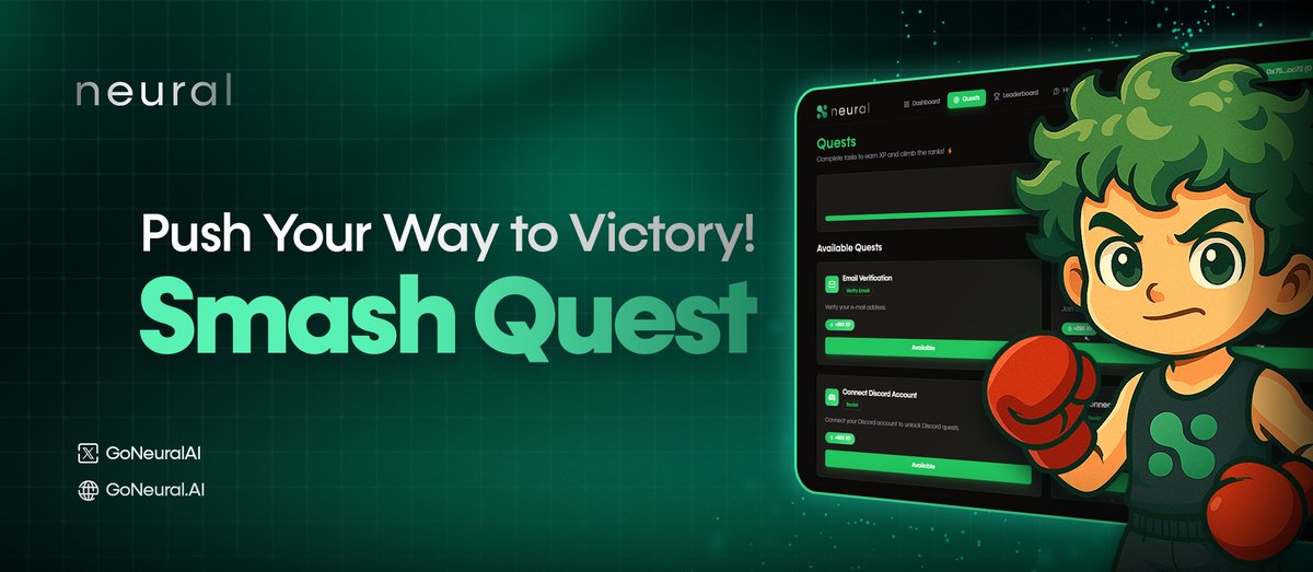 GoNeuralAI's tweet image. ⚡️Quest Your Way to Victory

Complete simple tasks on NeuralAI Smash to earn XP, level up, and unlock exciting rewards. Quests are dynamic, often changing, appearing at random times, or available for a limited period. Some are repeatable, like daily logins, while others are…