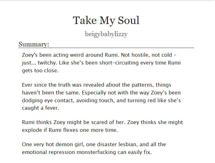 erispawnsible's tweet image. #KPOPDEMONHUNTERS Rumi x Zoey Monsterfucking AU 🔞"Take My Soul" is out in Archive of Our Own!

Zoey couldn't stop staring at Rumi - and it's making her blush. And Rumi? Embracing her demon-self has its... side-effects
🔗: archiveofourown.org/works/66859552…
#Zoey #Rumi #HUNTRIX #Zoerumi