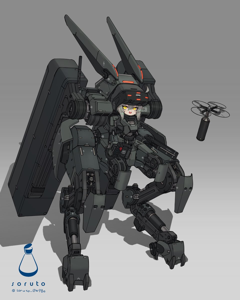 soruto_0W98e's tweet image. どうも。週一ペース絵は予定通りメカ娘、
『無人兵器管制メカ娘』です!
以前からメカ娘を投稿していたら、「ドローンの対策とかも考えてみても良いかも」というリプがあったので、
「ドローンを使ってドローンに対抗する為のメカ娘を作ろう」
と思い立って出力したものです。