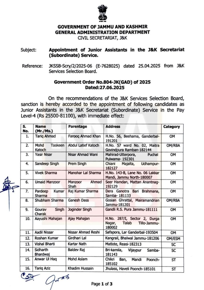 iamsahilparray's tweet image. Only 5 candidates from Kashmir in this list of 26 Junior Assistant appointees to the J&amp;amp;K Secretariat.
This is the reality of the new reservation policy. Our jobs are being snatched in broad daylight and it is all happening under the watch of our own politicians.
History will…