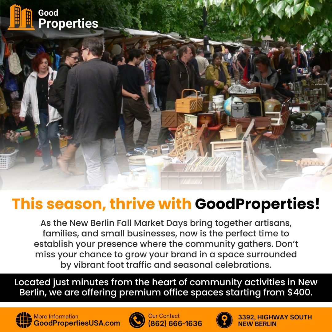 GoodPropertsUSA's tweet photo. Build Your Brand Where the People Are.

New Berlin isn’t just a city, it’s a gathering place of culture, creativity, and commerce. With events like the Fall Market Days, this town transforms into a buzzing hub where local artisans, families, and businesses connect under one sky. https://t.co/R0lGW7aUAs