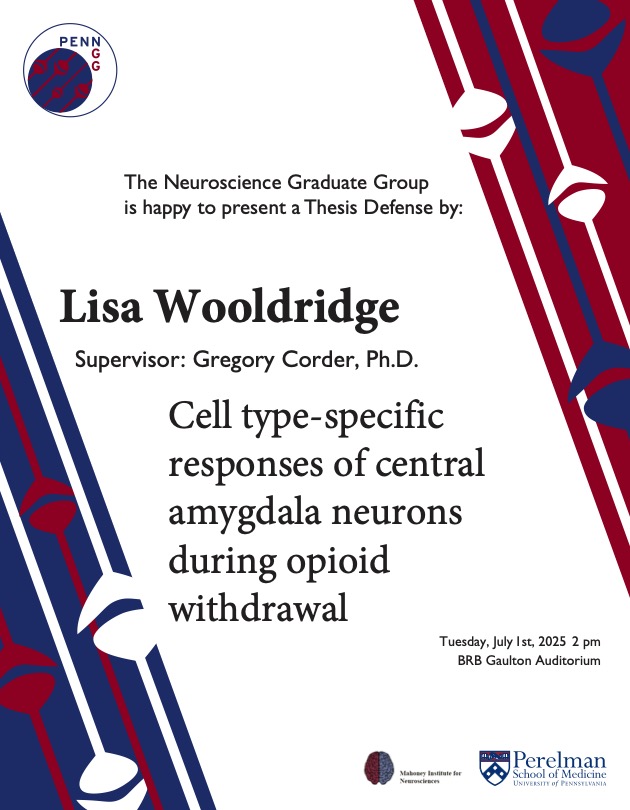 PennNGG's tweet image. #NGG is proud to present our next Thesis Defense given by Lisa Woolridge of the Corder Lab @FlyBottleEscape! Please join us in person or virtually (DM us for the link) on 7/1. Best of luck, Lisa! #PhAlmostDone 🥳