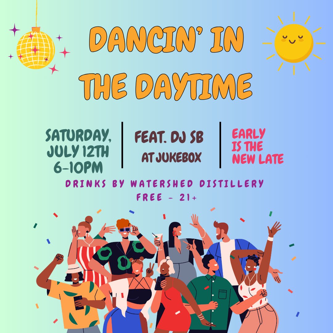 Jukebox (@jukeboxcle) on Twitter photo DANCIN' IN THE DAYTIME 7/12 πΊβοΈπ Why wait til 12am to get to the movin' & shakin'! Join us Sat 7/12 from 6-10pm for the return of Dancin' in the Daytime! DJ SB will have all the tunes to get your toe tappin' while <a href="/Watershed_Ohio/">Watershed Distillery</a> fills your cup. Free 21+
#earlyisthenewlate DANCIN' IN THE DAYTIME 7/12 πΊβοΈπ Why wait til 12am to get to the movin' & shakin'! Join us Sat 7/12 from 6-10pm for the return of Dancin' in the Daytime! DJ SB will have all the tunes to get your toe tappin' while <a href="/Watershed_Ohio/">Watershed Distillery</a> fills your cup. Free 21+
#earlyisthenewlate