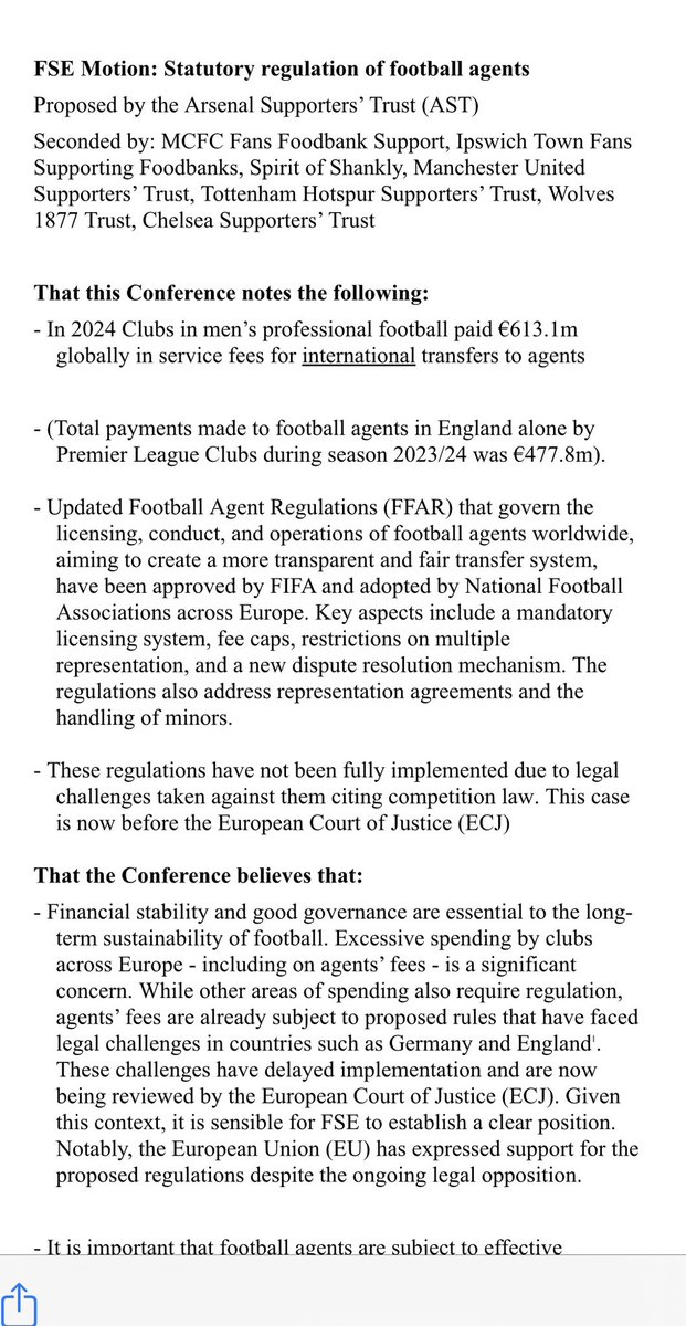 AST_arsenal's tweet image. Good to see the motion on action to regulate football agents pass today at @FansEurope. Thanks to seconders including @MU_ST @spiritofshankly @MCFCfoodbank @THSTOfficial @ChelseaSTrust @Wolves1877T and @WeAreTheFSA for the policy support. Better regulation of agents is good…