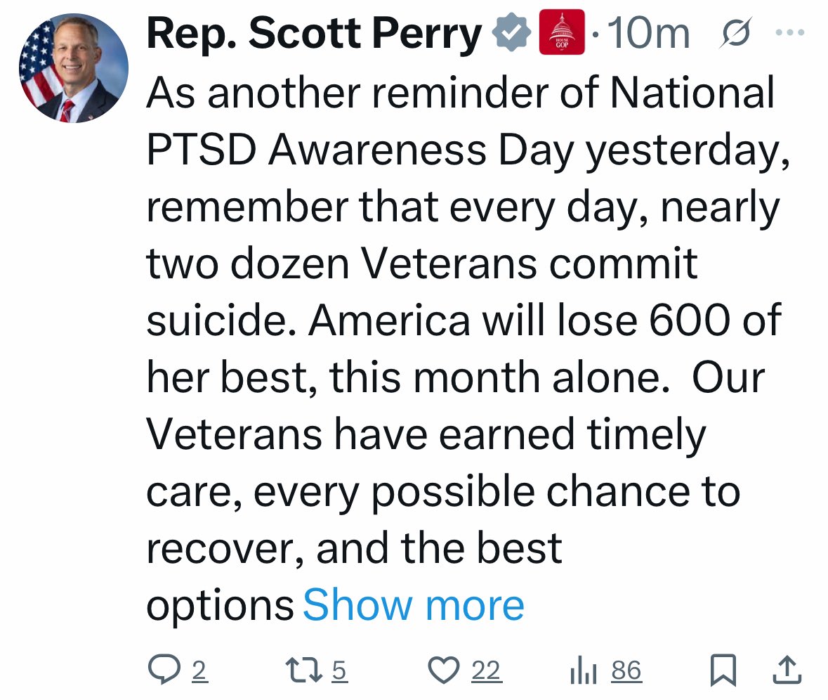Perry shedding alligator tears for our veterans, after he voted for The Big Beautiful Bill, that will harm them. 

- Veterans will lose supplemental Medicaid coverage. 
- VA Layoffs will reduce care and increase delays. 
- Cutting SNAP benefits for over 1M veterans