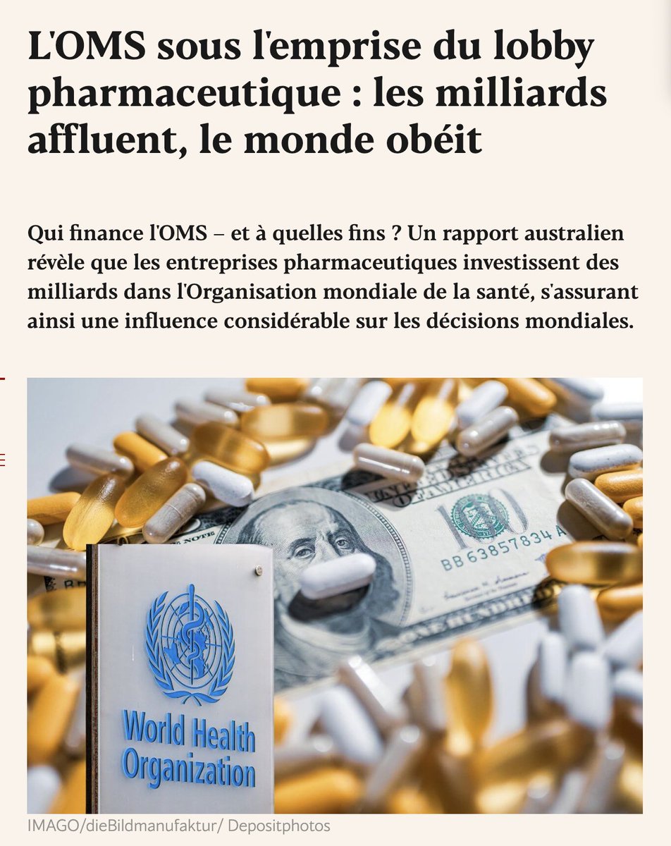 La corruption de l'OMS dévoilée. (lisez bien la dernière phrase). 

Un récent rapport de l'Australian Medical Professionals' Society (AMPS) révèle des détails explosifs sur l'Organisation mondiale de la Santé (OMS). L'objectif de cette analyse était de remettre en question