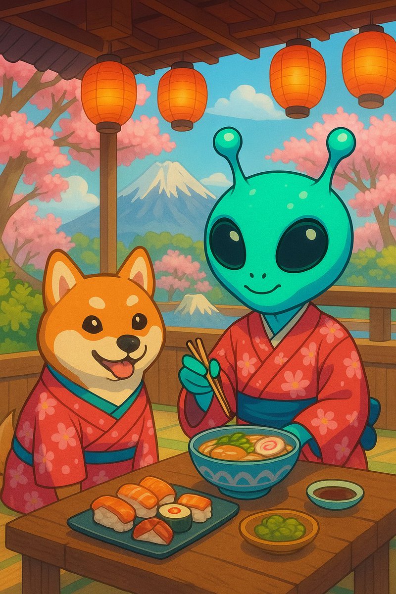 ExoticMe_Exo's tweet photo. “Exo and Shiba just touched down in Japan 🇯🇵✨ Sushi? Ramen? Mastering chopsticks🥢 
Join the cultural journey → $EXO 👽🐶 https://t.co/qYQnD5Otgp