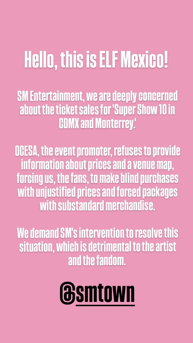 Ale_Bong's tweet photo. We demand information, @SMTOWNGLOBAL !! #OcesaOUT 📣📣📣 Calling for ELF to share 

SIN PRECIOS NO COMPRAMOS
#OcesaAnunciaPreciosSS10
@ocesa_kpop @Ticketmaster_Me https://t.co/yauUc45AXQ