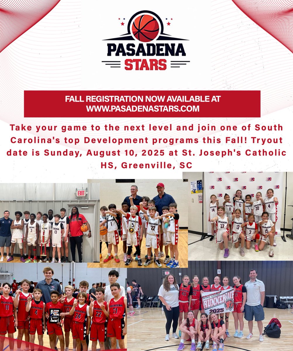 Fall Registration is available on our website pasadenastars.com and tryouts will be held on Sunday, August 10th @ St. Joseph’s HS. Available to boys and girls grades 3rd-HS. Last day of registration is July 27th. Don’t miss out on being part of this great organization 🏀