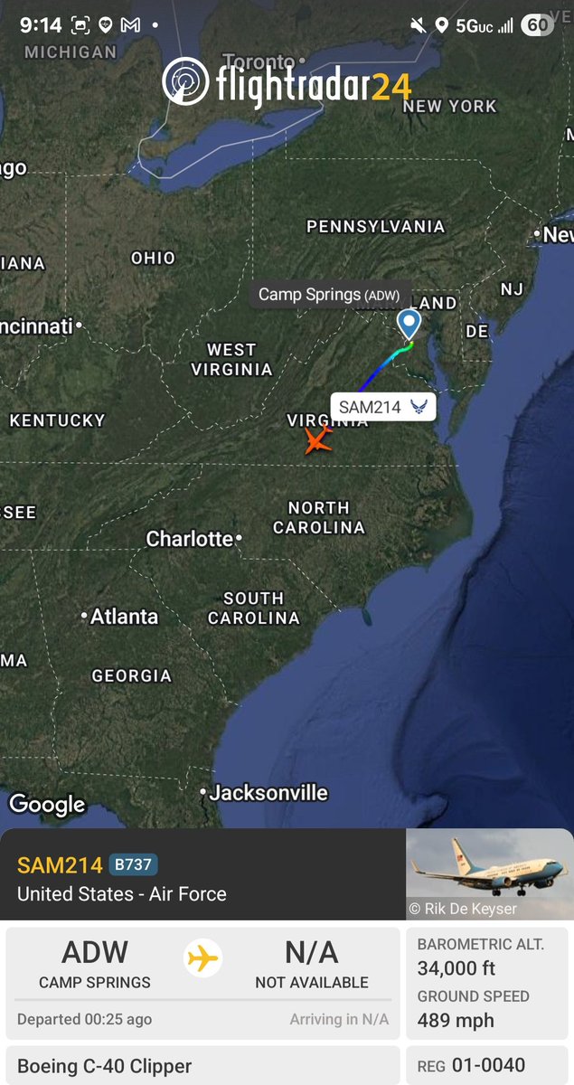 Borrowed7Time's tweet image. USAF C-40 Clipper 01-0040 #AE0945 as SAM214 outbound from JB Andrews to an as-yet-unknown destination. 
@sipjack1776