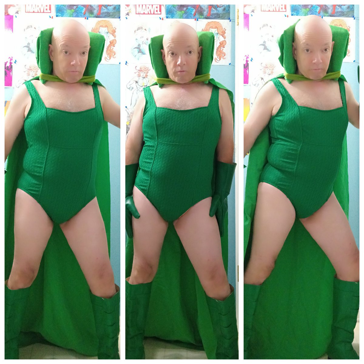 LenhardtEric's tweet photo. Okay here's my Genderbent version of Moondragon from Marvel Avengers! I had just shaved my head and thought why not ;-) #cosplay #moondragon #marvel #avengers #greenswimmingsuit #greenfabric #greenboots #genderbend #thriftstorefinds #baldhead #greengloves #fanart https://t.co/sCYlChayHu
