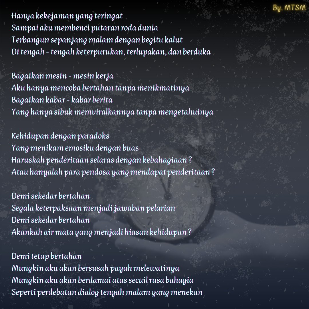 Thoyibuddin123's tweet photo. Terdengar konyol, namun masa dewasa lebih rumit dan membuatnya lebih sering berbohong dibanding masa kecil 

Apa kau pikir semua orang dewasa cukup bijak dan bisa menjadi panutan ?

Entahlah..., apakah aku hanya akan menjadi dewasa yang menyebalkan dan kejam ?

#sastra #paradoks https://t.co/IqJAsBeZas