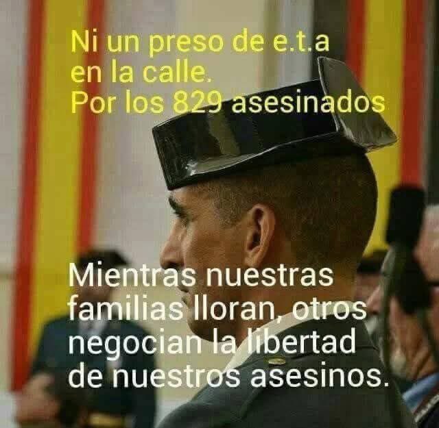Ni  un  preso  de eta  en la calle.  Por los  829 asesinados. 
Y Sánchez  está  orgulloso  de  pactar  con  éstos  asesinos. Los siete  votos  por  estar  en la  Moncloa.  Valen no  tener  valores,  ni escrúpulos,   ni  principios…..🇪🇸💚🇪🇸💚🇪🇸💚