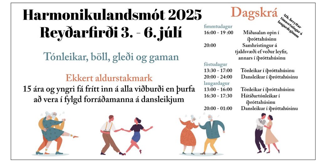 Harmonikufélagið hér í Fjarðabyggð (Félag harmonikuunnenda á Norðfirði) kemur til með að halda 15. landsmót Sambands íslenskra harmonikuunnenda. Mótið verður haldið á Reyðarfirði 3-6 júli. þ.e. næstu helgi. Við viljum hvetja öll sem hafa áhuga á að mæta og hafa gaman með okkur.