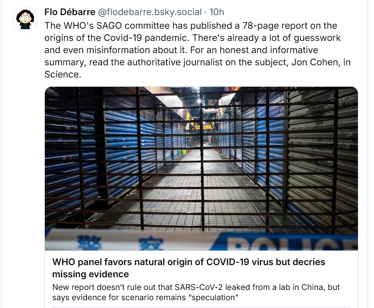 Florin_Uncovers's tweet photo. 4. Depression: @FloDebarre knows it's bad their desperate Huanan market efforts failed to woo the less fanatical WHO zoonati &amp; thus destroyed her credibility for nothing, so she's licking wounds with @sciencecohen, while ringleader @PeterDaszak slowly moves towards acceptance.😥 https://t.co/2EZiRid3bP