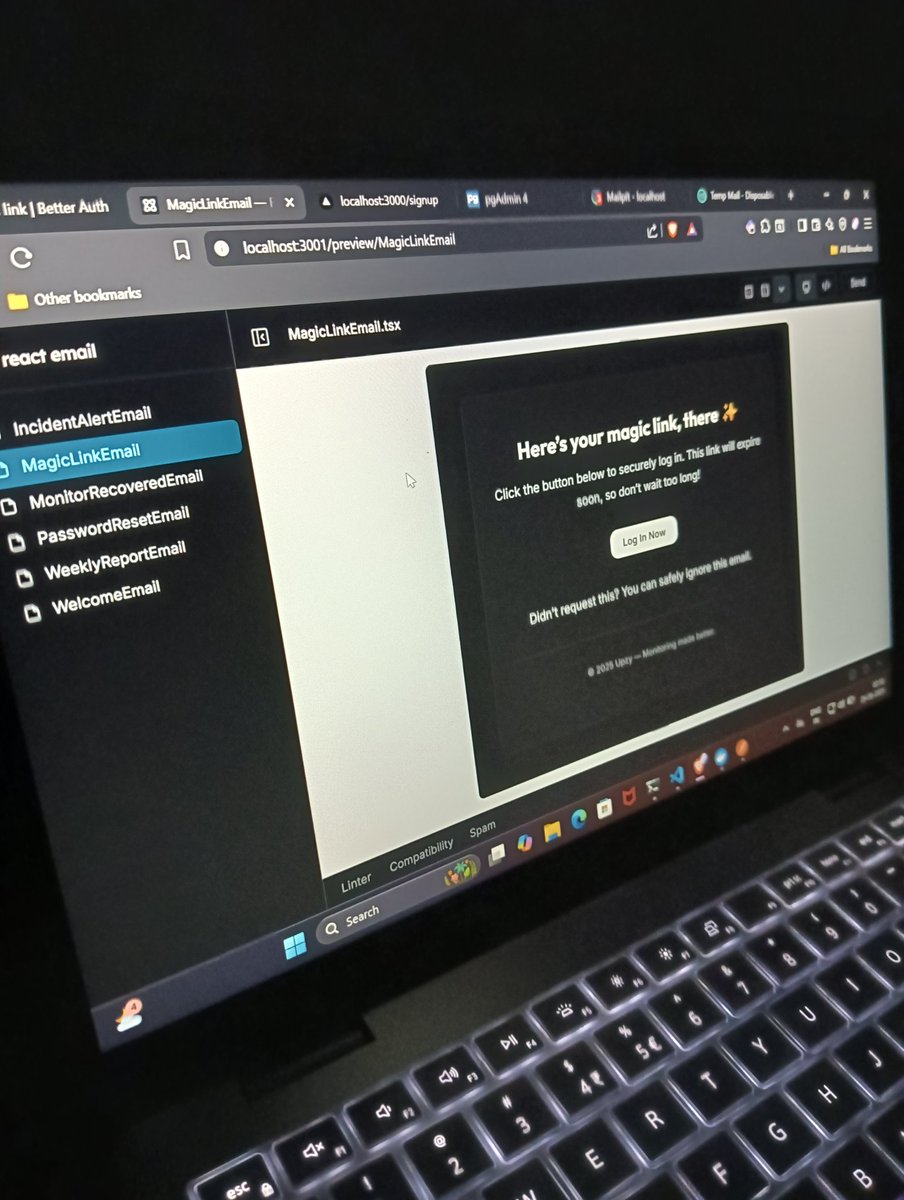 codebyaadi's tweet image. 🕶️ Late-night dev grind 🌙
Been cooking up some clean email templates for a new project.
Built with React Email + Tailwind, previewing it locally like a pro 😎
Here’s the Magic Link email — sleek, dark, and production-ready.