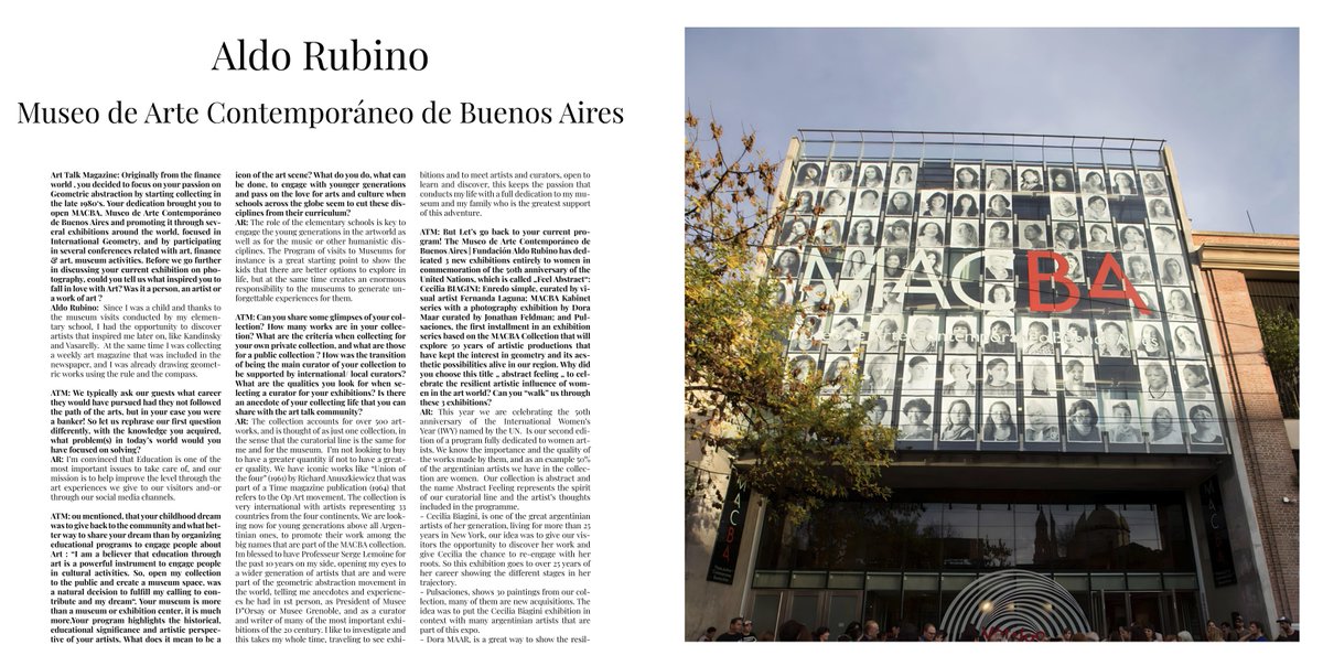 MACBA Buenos Aires (@museomacba) on Twitter photo 🔴 Agradecemos a Carolina Conforti por la reseña de nuestra institución para Art Talk Magazine, en una edición especial realizada para ArtBasel, para la cual realizó una entrevista a nuestro fundador Aldo Rubino.
🔺 Link descarga: indd.adobe.com/view/3427fc9e-… 🔴 Agradecemos a Carolina Conforti por la reseña de nuestra institución para Art Talk Magazine, en una edición especial realizada para ArtBasel, para la cual realizó una entrevista a nuestro fundador Aldo Rubino.
🔺 Link descarga: indd.adobe.com/view/3427fc9e-…