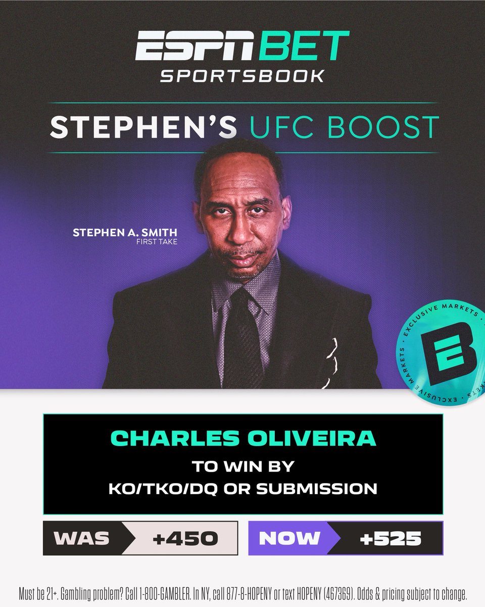 stephenasmith's tweet image. Everybody loves an underdog so I'm taking Oliveira in the Main Event at UFC 317 and boosting him to win before the final round bell rings.
You can hop on #TeamOliveira and ride my odds boost over on @ESPNBet 💸 espnbet.app.link/OwBgLyJCnSb #ad