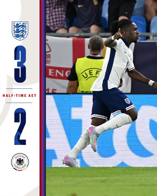 U21 EURO final half-time (AET): England 3-2 Germany.