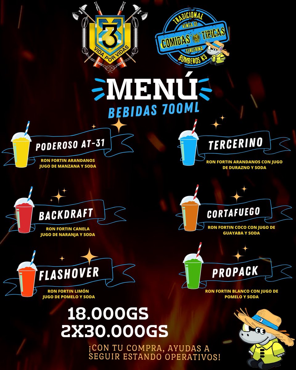 🍽️🔥 ¡Hoy desde las 18:00 hs te esperamos en K3!
Venta de Comidas Típicas 💛
🌧️ No se suspende por lluvia
🚗 Zona Pick Up habilitada
📋 Te compartimos el menú
📍 Cnel. López y Lagerenza – Atrás del Parque C.A. López
#K3 #Bomberos #ComidasTípicas