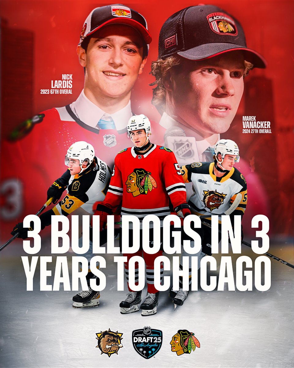 BulldogsOHL's tweet photo. Holmes makes it 3 in 3 🐶➡️🦅

Parker Holmes joins Nick Lardis and Marek Vanacker as the third Bulldog drafted by the Chicago Blackhawks in the last three NHL Entry Drafts.

#OHL #Blackhawks #NHL #NHLDraft https://t.co/9CZRVgKCHf