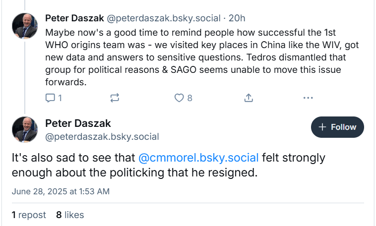 Florin_Uncovers's tweet photo. 4. Depression: @FloDebarre knows it's bad their desperate Huanan market efforts failed to woo the less fanatical WHO zoonati &amp; thus destroyed her credibility for nothing, so she's licking wounds with @sciencecohen, while ringleader @PeterDaszak slowly moves towards acceptance.😥 https://t.co/2EZiRid3bP
