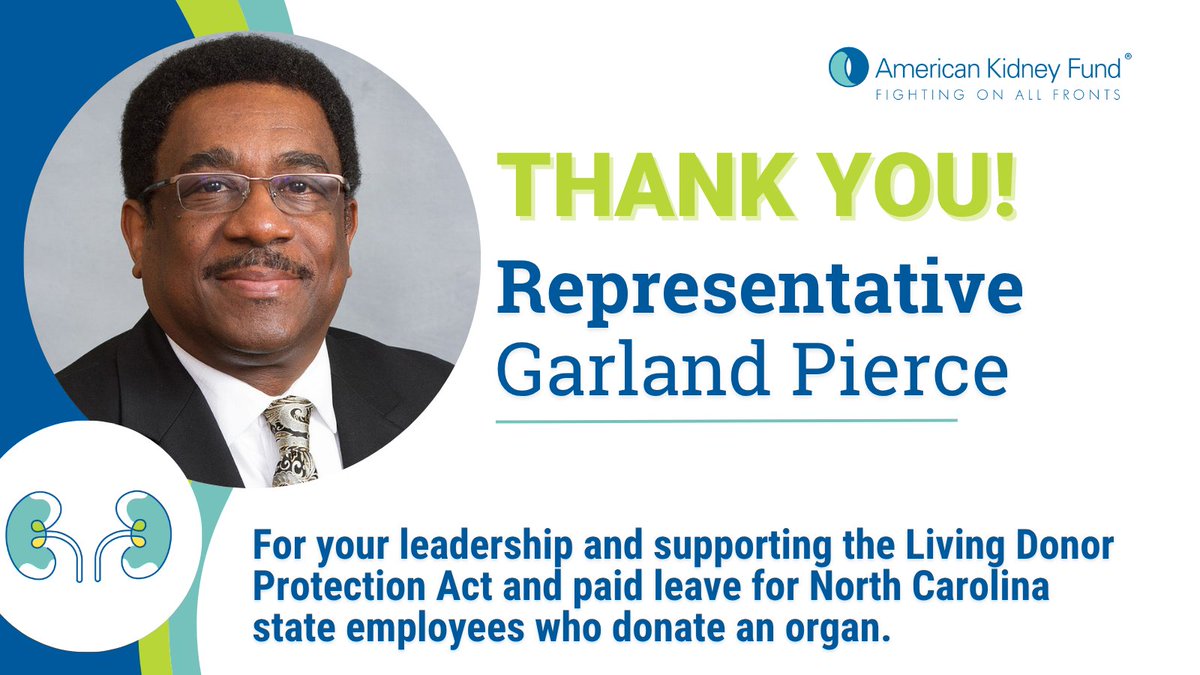 Thank you, <a href="/GarlandPierceNC/">Rep. Garland Pierce</a>, for your leadership and support of the Living Donor Protection Act and a law requiring employers to provide paid leave for state employees who donate an organ. #NC #kidneypatients and #organdonors thank you!  #KidneyAction