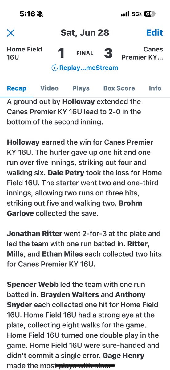 KY Canes Premier 2027 (@canesky2027) on Twitter photo Canes 16u gets another win in Louisville 16u National Championships whipping up on Home Field 16u OHIO. <a href="/GarrettH08/">Garrett Holloway</a> gets the W going 5 IP, 1 ER, 4ks. <a href="/brohm_garlove/">Brohm Garlove</a> gets the 2 IP save, 0 R, 1k. <a href="/RitterJonathan8/">Jonathan Ritter</a> and Ethan Miles tripled and had 2 hits. <a href="/CarsonM2442/">Carson Mills</a> 2 hits. Canes 16u gets another win in Louisville 16u National Championships whipping up on Home Field 16u OHIO. <a href="/GarrettH08/">Garrett Holloway</a> gets the W going 5 IP, 1 ER, 4ks. <a href="/brohm_garlove/">Brohm Garlove</a> gets the 2 IP save, 0 R, 1k. <a href="/RitterJonathan8/">Jonathan Ritter</a> and Ethan Miles tripled and had 2 hits. <a href="/CarsonM2442/">Carson Mills</a> 2 hits.
