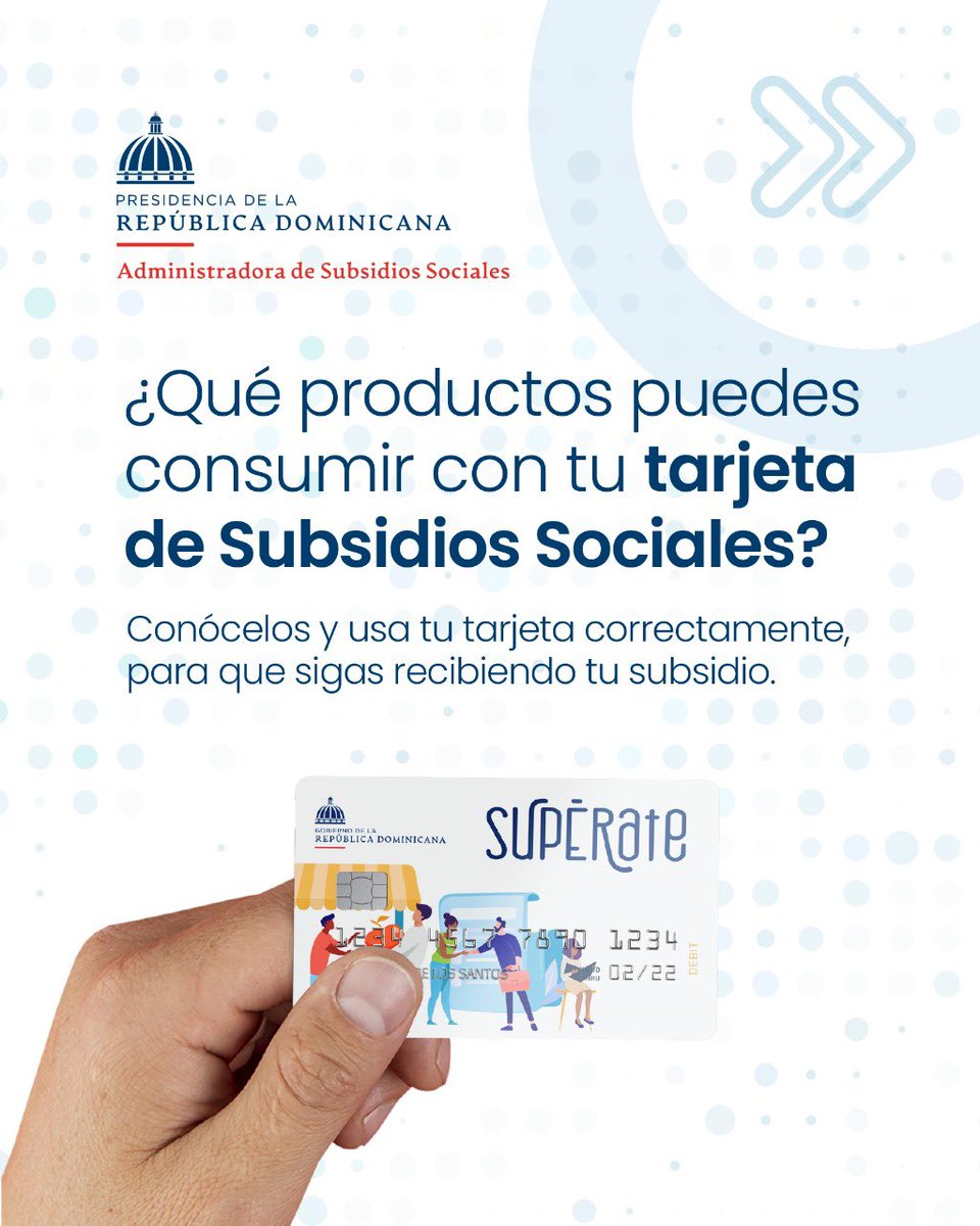 AdessRD's tweet photo. Esta es una guía de algunos de los productos que puedes adquirir a través del subsidio Aliméntate, con tu tarjeta Supérate.
#SeResponsable
#CuidaTuTarjeta https://t.co/2kmilrbil6