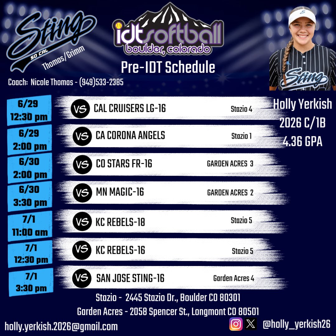 Updated schedule for IDT.  Can’t wait!

<a href="/Mads_Arm2Strong/">Maddie Armstrong</a> <a href="/Clift_coach/">Jim Clift</a> <a href="/CoachPena_BSU/">Helen Peña</a> <a href="/Coach_PetrieSB/">Elysse Petrie</a> <a href="/SLUsbcoach/">Coach Phillips</a> <a href="/CoachAaronMoore/">Aaron M. Moore</a> <a href="/CatamountSB/">Western Carolina Softball</a> <a href="/CoachGill_MSU/">Ashley Gilland</a> <a href="/madi_eberle/">Madi Eberle</a> <a href="/coach_pilk/">Adrian Pilkington</a> <a href="/Coach_G_CMU/">WillieHinojosa</a> <a href="/SCAThomasGrimm/">So Cal Sting Thomas/Grimm</a> <a href="/TowsonSoftball/">Towson Softball</a> <a href="/TUSBCoachCoz/">Lisa Costello</a> <a href="/JessHutch22/">Jessie Hutchens- Mack</a>