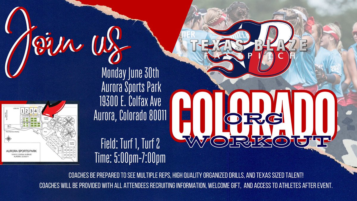 🔥 ATTENTION COLLEGE COACHES! 🔥
You’re invited to our Texas Blaze Colorado Org Workout during the Colorado Sparkler!

📍 Monday, June 30th
📍 Aurora Sports Park
📍 19300 E. Colfax Ave, Aurora, CO 80011
🕔 5:00 PM – 7:00 PM
🟢 Fields: Turf 1 &amp; Turf 2

Get ready to see high-level