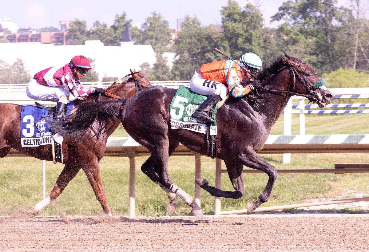 Maryland Horsemen (@mdhorsemen) on Twitter photo Subrogate, ridden by Horacio Karamanos for trainer <a href="/JorgeDuarteCNS/">Jorge Duarte Jr</a> and Colts Neck Stables, reels in Celtic Contender late to capture 6F Frank J. De Francis Memorial <a href="/LaurelPark/">The Maryland Jockey Club, Inc.</a>. First stakes score and 5th win in 10 starts for 5YO Arrogate horse. (Jim McCue 📷) Subrogate, ridden by Horacio Karamanos for trainer <a href="/JorgeDuarteCNS/">Jorge Duarte Jr</a> and Colts Neck Stables, reels in Celtic Contender late to capture 6F Frank J. De Francis Memorial <a href="/LaurelPark/">The Maryland Jockey Club, Inc.</a>. First stakes score and 5th win in 10 starts for 5YO Arrogate horse. (Jim McCue 📷)
