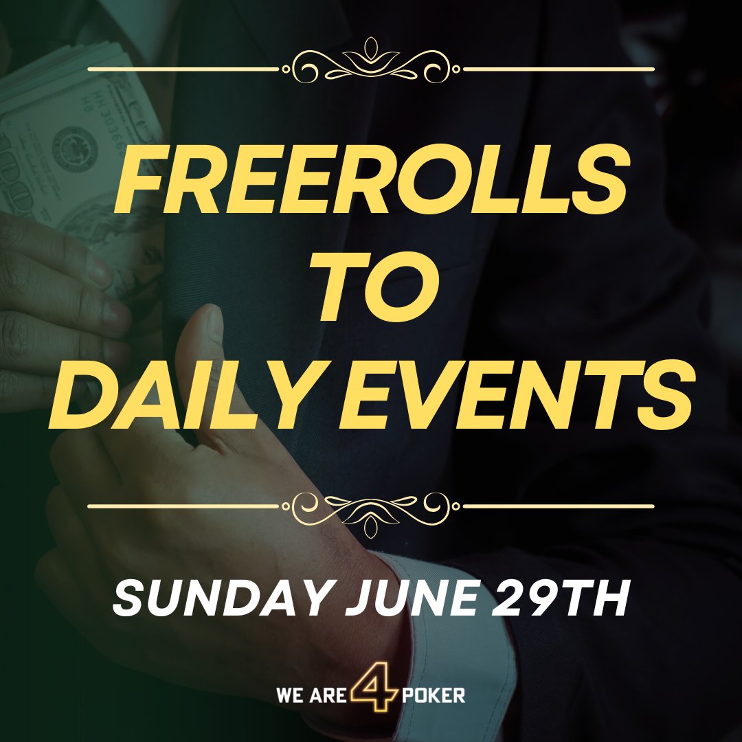🚨 Freerolls to Daily Events 🚨

Freerolls are back on Sunday June 29th awarding over 50 seats to Daily Events 💸

Starting from 10:30 ET time and running throughout the day, you can find them in the Lobby 🚀

Register Now: 4poker.com/web-client/

#pokeronline #pokergame