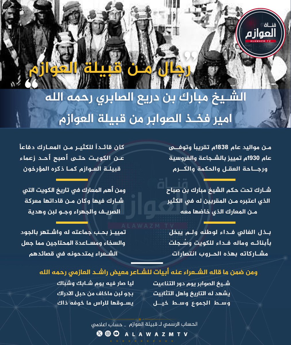 🔹#رجال_من_قبيلة_العوازم 

🔸 أمير فخذ الصوابر من قبيلة العوازم الشيخ مبارك بن دريع الصابري رحمه الله