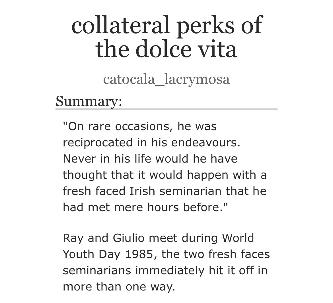 minnhinstidans's tweet image. collateral perks of the dolce vita archiveofourown.org/works/66984826
#conclave #conclavetwt #sabballey
One shot, 7.5k words, nsfw!!
Hope you enjoy, I love these idiots &lt;3