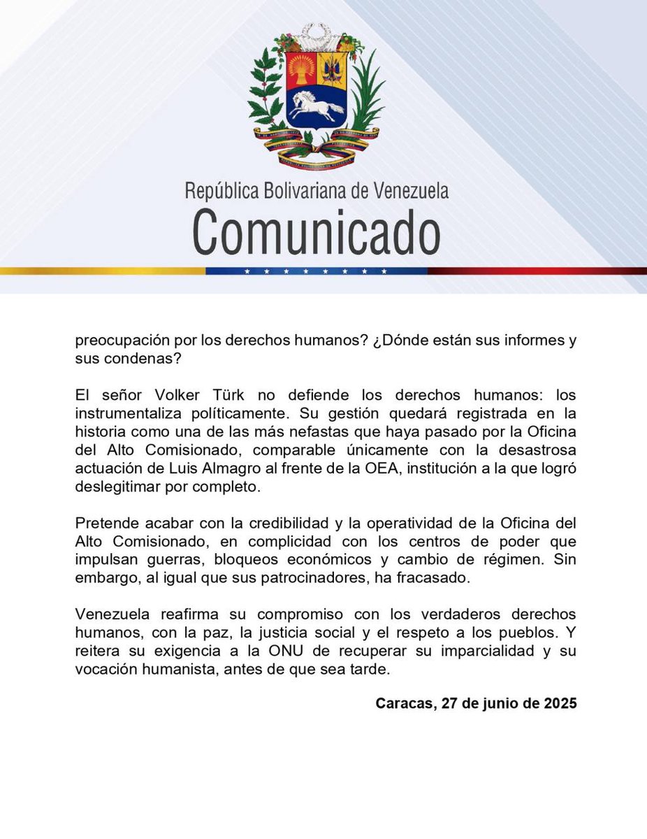 La República Bolivariana de Venezuela rechaza de manera categórica y contundente las declaraciones irresponsables, parciales y profundamente politizadas del Alto Comisionado de <a href="/ONU_derechos/">ONU Derechos Humanos - América del Sur</a>, <a href="/volker_turk/">Volker Türk</a>, presentadas el #27jun ante el Consejo de DHH.
#VolkerTurkRenuncia