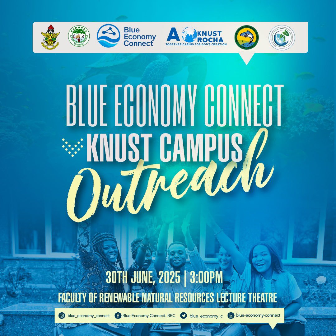 arochaknust's tweet photo. Exciting news!!
Blue Economy Connect KNUST Campus Outreach, is happening on 30th June, 2025 at 3:00 PM at the Faculty of Renewable Natural Resources Lecture Theatre.
Come build your capacity and contribute to marine resource protection🐳

#ArochaKNUST #MarineConservation https://t.co/p17pDaghkV