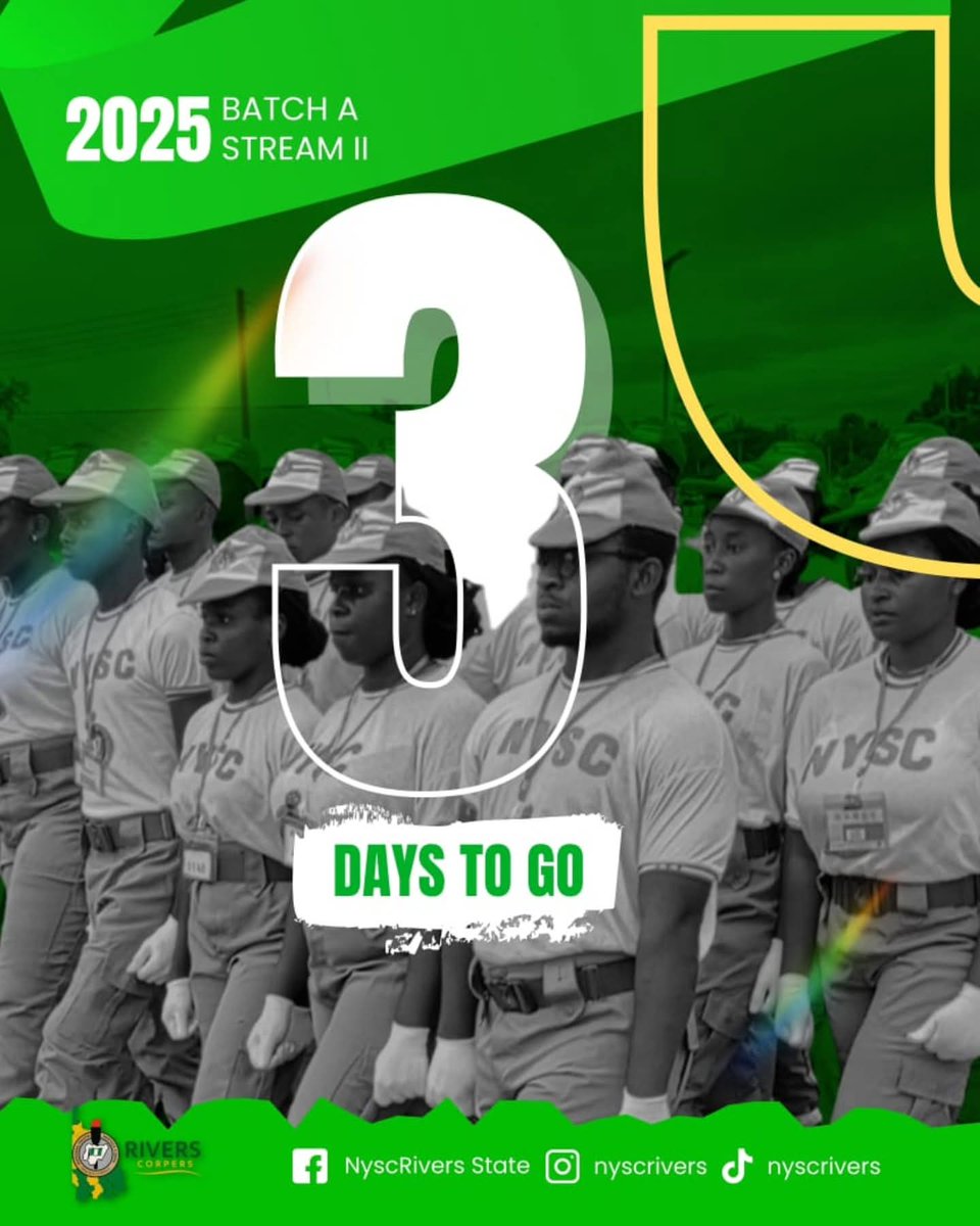 nysc360's tweet photo. Just 3 days left...⏳

Every step taken, every memory made, it's all counting down to the finish line.

Let’s savour the moments, salute the growth and stay strong till the very end. 💚

#3DaysToGo #NYSCCountdown
#NYSCRivers #NYSC2025
#CorpersLife #ServiceToTheNation
##NYSCserviceYear
#CorpersOrientation