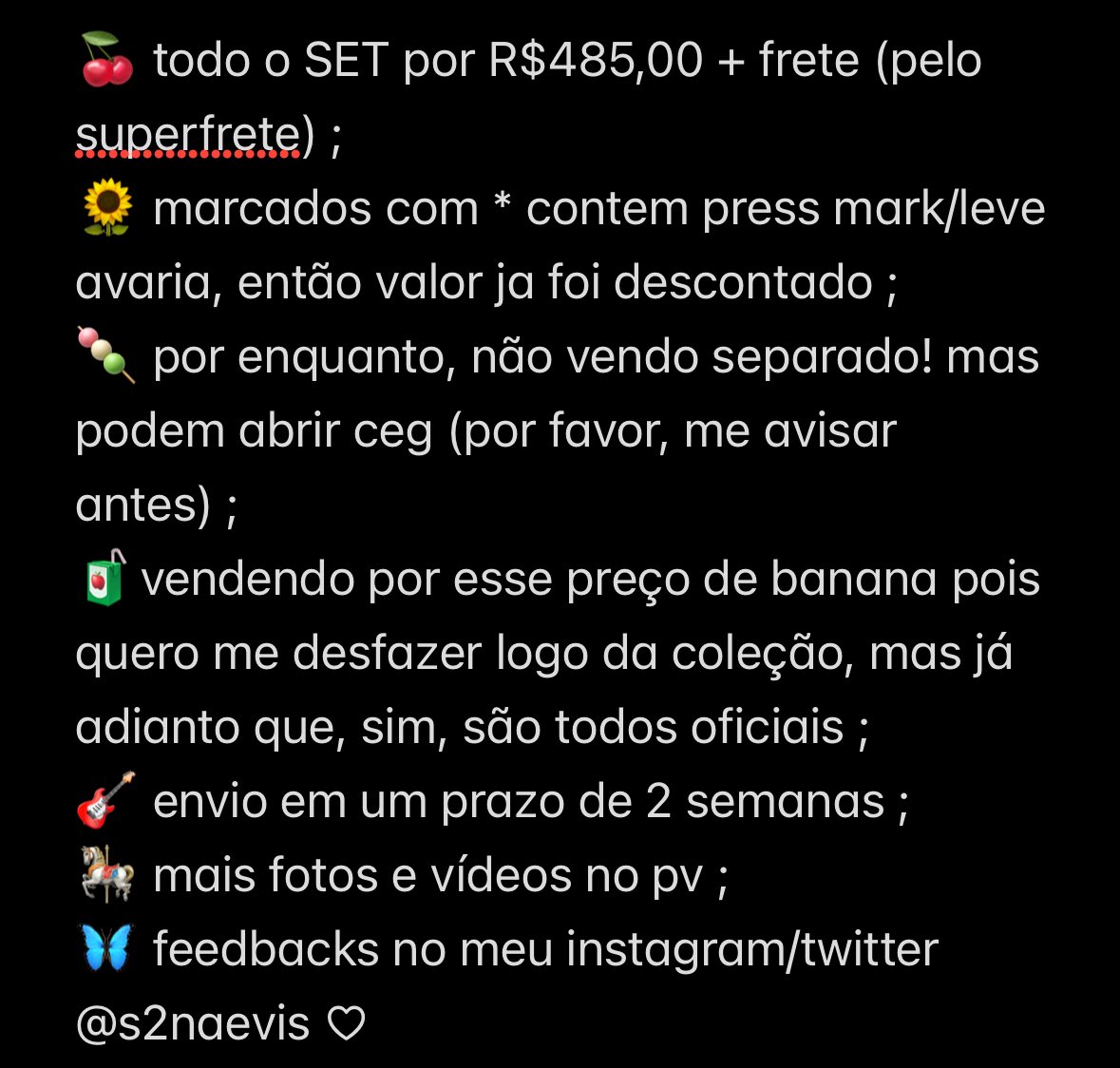 *･῾ ᥫ᭡.⌇ vendo/venda !!!  *:･ﾟ✧* 
──  ✧ drop giselle (pcs regulares &amp; irregulares). 🌙

mais informações na segunda imagem !!