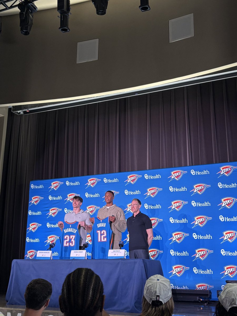 The Thunder’s new draft picks Thomas Sorber and Brooks Barnhizer with their jerseys for the first time.