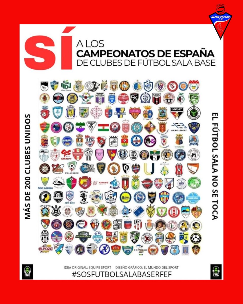 FSGijonPlayas's tweet photo. 🔴⚽ Desde el Gijón Playas FS, nos unimos a la voz de más de 200 clubes de toda España para decir bien alto:

🚩SÌ A LOS CAMPEONATOS DE ESPAÑA DE CLUBES DE FÚTBOL SALA BASE
🚩El Fútbol Sala NO se toca
🚩Responsables: Presidentes Territoriales y RFEF
💬Nuestra base merece respeto. https://t.co/TZ2bVPmUGK