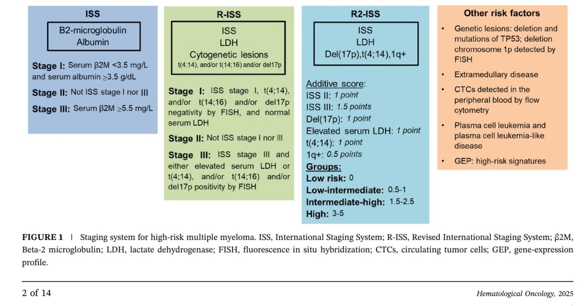 📊Multiple #Myeloma Risk Stratification

📌ISS: Based on β2-microglobulin &amp; albumin
📌R-ISS: Adds LDH &amp; high-risk cytogenetics (del17p, t(4;14), t(14;16)
📌R2-ISS: Scores del17p, t(4;14), LDH, 1q+➕ ISS stage
📌Other ⚠️: TP53 mutations, extramedullary dz, CTCs, PCL, high-risk GEP