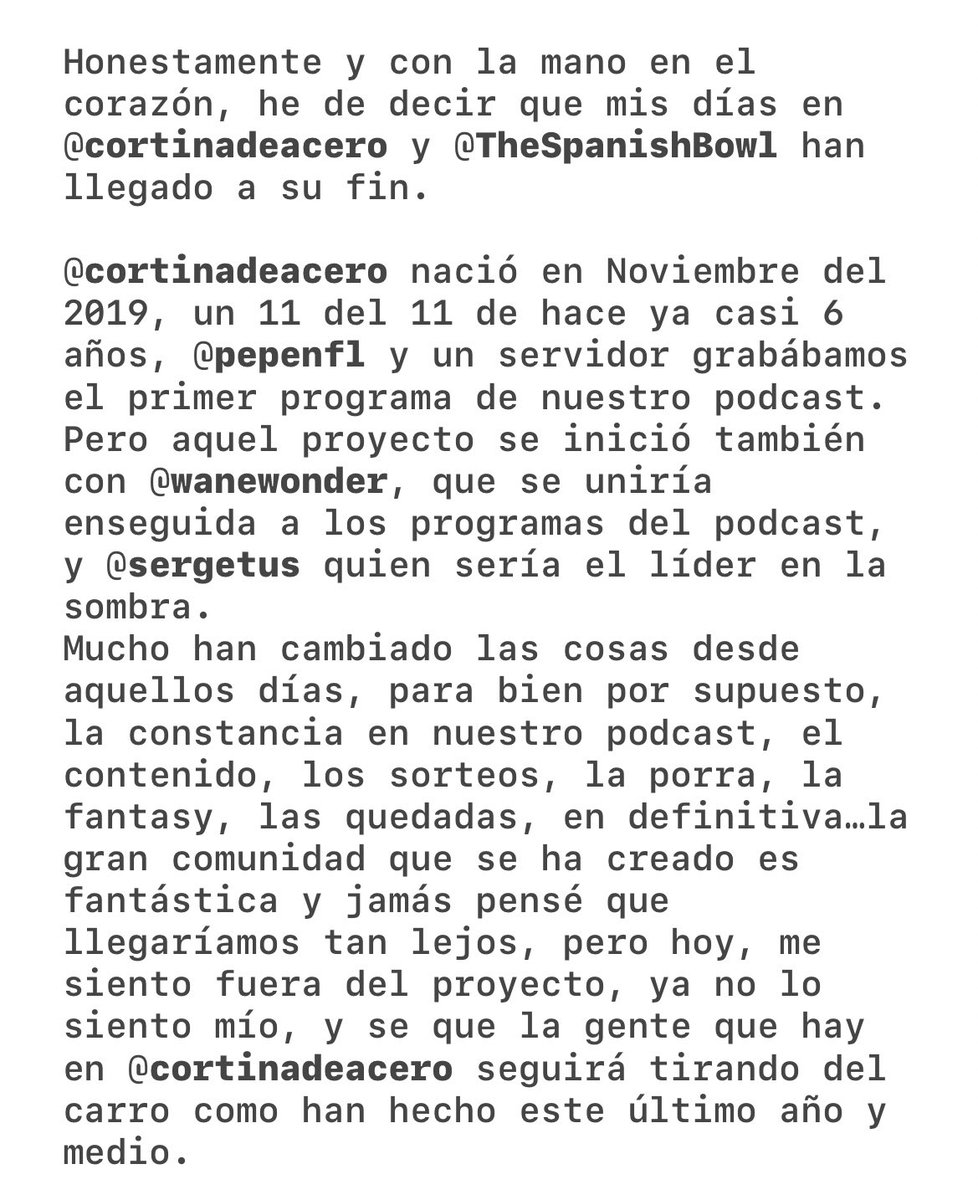 ilcapoced's tweet photo. Hoy digo adiós a @cortinadeacero y @TheSpanishBowl.

Casi 6 años después, solo puedo estar agradecido por haber compartido esta pasión llamada NFL con tantísimas personas. https://t.co/2Vzh6fNfPE
